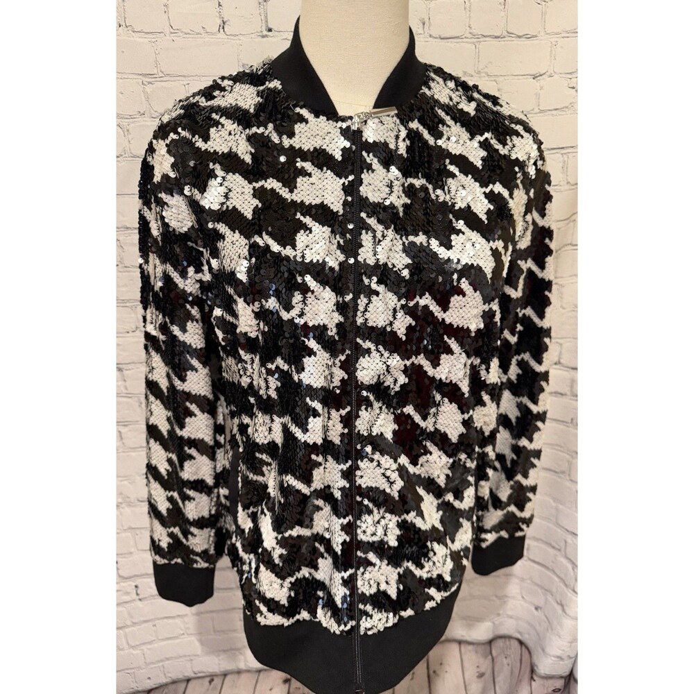 Draper’s & Damon’s black and white houndstooth sequin bomber jacket Medium